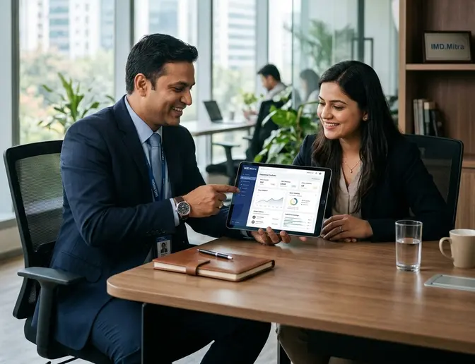 Local broker meeting a client with a tablet